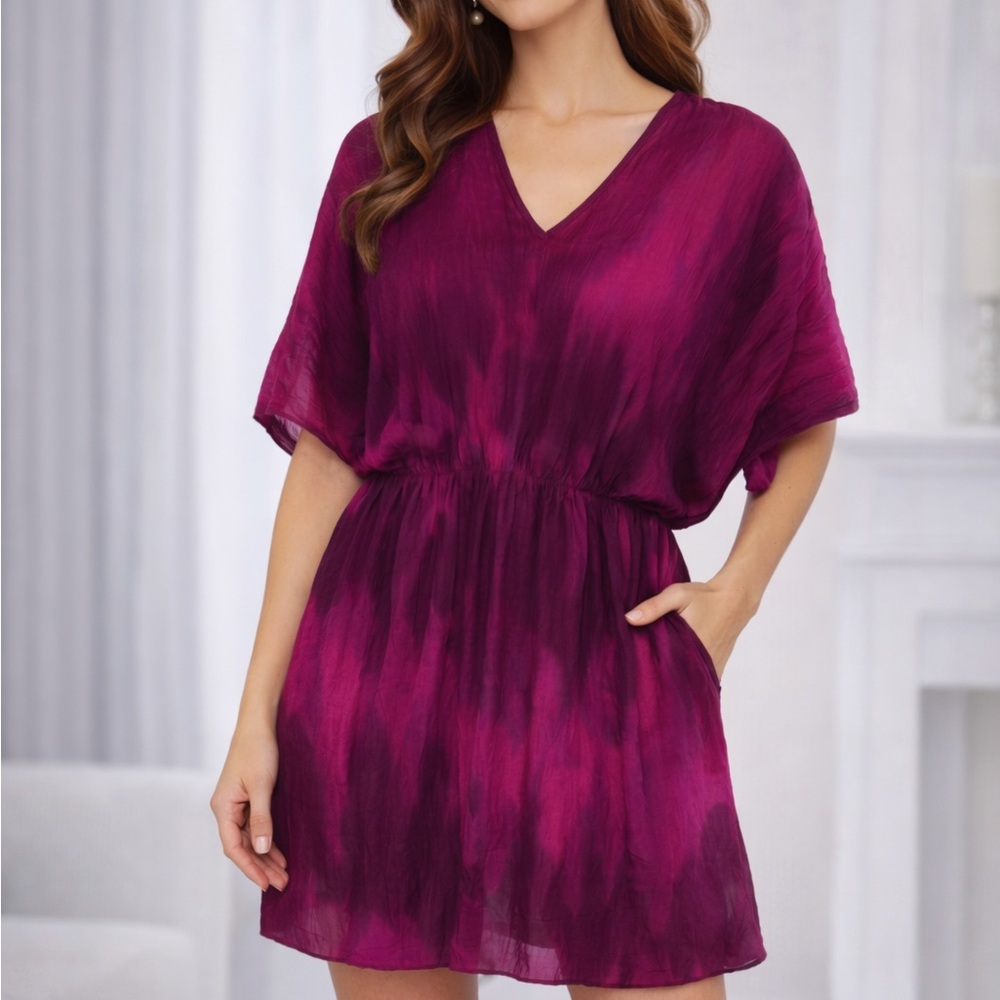 Josie Magenta Tie Dye Caftan Mini Dress Size L Rayon V-Neck Elastic Waist